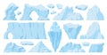 Antarctic cartoon ice, floating glaciers and snow icebergs. Ice crystals, snowy mountains and cracked ice vector symbols