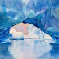 Antarctic ice arch through which blocks of white ice are visible, landscape about the Antarctic, watercolor handwork Royalty Free Stock Photo