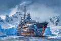 Antarctic iceberg and ship in the ocean.