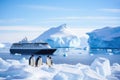 Antarctic landscape with icebergs, cruise ship and penguins, Antarctica penguins and cruise ship, AI Generated Royalty Free Stock Photo
