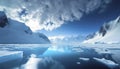 Antarctic landscape with icebergs and ice floes.