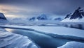 Antarctic landscape with icebergs and ice floes.