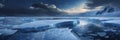 Antarctic landscape with icebergs and ice floes.