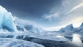 Antarctic landscape with icebergs and ice floes.