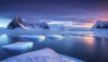 Antarctic landscape with icebergs and ice floes.