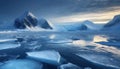 Antarctic landscape with icebergs and ice floes.