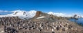 Antarctic panorama with hundreds of chinstrap penguins crowded o
