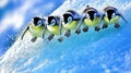 Antarctic penguin chicks surfing icy wave, playful Royalty Free Stock Photo