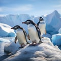 Antarctic scene Gentoo and Chinstrap penguins on an iceberg