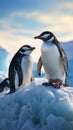 Antarctic scene Gentoo and Chinstrap penguins on an iceberg