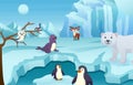 Antarctic scene with many animals . Vector