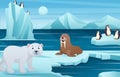 Antarctic scene with many animals . Vector