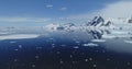 Antarctic seascape at glacier coast aerial. Icebergs floating at arctic ocean bay. Melting ice, snow