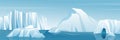 Antarctic wide landscape panorama illustration, nature winter arctic iceberg and snow mountains hills