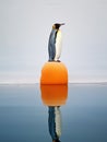 Antarctic wilderness, featuring a solitary penguin perched gracefully on an orange patch of ice in the ocean