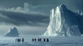 the Antarctic wilderness, featuring towering icebergs against the backdrop of clouds, with a heartwarming scene of