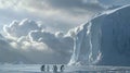 the Antarctic wilderness, featuring towering icebergs against the backdrop of clouds, with a heartwarming scene of