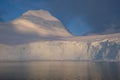 Antarctica calm midnight sunset on snowy mountain