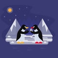 Antarctica. The penguin goes hunting and gives the egg to another penguin for storage. Illustration.