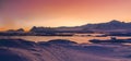 Antarctica sunset panoramic view. Polar scene.