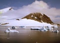 ,antartic icebergs floating on the sea from aerial point o f view in panoramic view