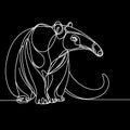 An anteater is depicted in a detailed black and white drawing, set against a black background in a close-up view.