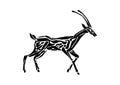 Antelope animal decorative vector illustration painted by ink, hand drawn grunge cave painting, black isolated silhouette on white