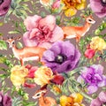 Antelope animal in flowers. Vintage repeating pattern. Watercolor