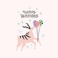 Antelope with birthday greeting flat vector illustration