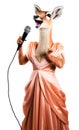 An antelope in a dress screams or sings into a microphone