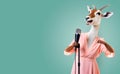 An antelope in a dress screams or sings into a microphone