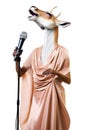 An antelope in a dress screams or sings into a microphone