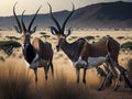 antelopes living in a savannah surrounded by a mountain