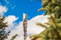 Antenna cellular network against blue sky and surrounded by tre Royalty Free Stock Photo