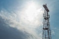 Antenna television and radio broadcasting. Communication tower and signal transmission on the background of a cloudy sky and sun Royalty Free Stock Photo