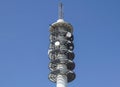 Antenna tower,antenna tower building with the blue sky. Close-up of the antenna building with the sky background. Royalty Free Stock Photo