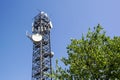 Antenna tower,antenna tower building with the blue sky. Close-up of the antenna building with the sky background. Royalty Free Stock Photo