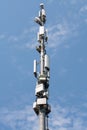 Antenna tower building. Technology Cellular Station, Wireless Communication Transmitter on Outdoor Poles Power , micro system 4G,