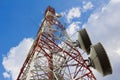 Antenna tower for telecommunication or radio, or microwave on cloud and blue sky background