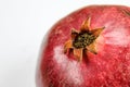 Anthers on ripe fruit up close. Stamen cluster. Rind outer skin of pomegranate. Red ripe pomegranate fruit against a white