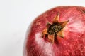 Anthers on ripe fruit up close. Stamen cluster. Rind outer skin of pomegranate. Red ripe pomegranate fruit against a white
