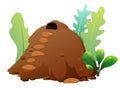 An anthill among the meadow grass. House for ants. Wildlife object. Little funny insect. Cute cartoon style. Isolated on