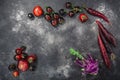 Anthocyanin-rich vegetables on dark textured backdrop,  top view Royalty Free Stock Photo