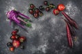 Anthocyanin-rich vegetables on dark textured backdrop,  top view Royalty Free Stock Photo