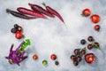 Anthocyanin-rich vegetables on light textured backdrop, top  view Royalty Free Stock Photo