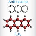 Anthracene molecule. It is polycyclic aromatic hydrocarbon PAH. Structural chemical formula, molecule model. Vector