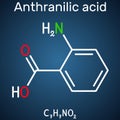 Anthranilic acid molecule. It is aminobenzoic aromatic acid. Structural chemical formula on the dark blue background. Vector