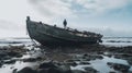 Anthropocene-inspired Concept Art: A Young Man On An Eerie, Weathered Boat