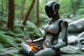 An anthropogenic female robot meditates sitting in a lotus position in nature