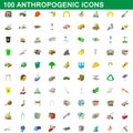 100 anthropogenic icons set, cartoon style